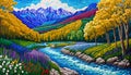 Background wallpaper scenic mountain brush stroke painting river flower beauty