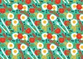 Background or wallpaper with seamless pattern with food elements such as eggs, sausages, tomato, parsley, potato chips and olives