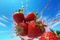 strawberry background healthy red water fresh food splash freshness blue fruit. Generative AI.