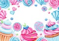 Background with watercolor candies, cupcake, lollipop. Bright sweets for Birthday banner, Greeting card. Dessert for holiday