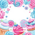 Background with watercolor candies, cupcake, lollipop. Bright sweets for Birthday banner, Greeting card. Dessert for holiday