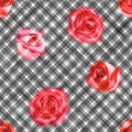 Background with watercolor pink red roses on black and white stripes plaid seamless pattern Royalty Free Stock Photo