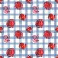 Background with watercolor pink red roses on gingham blue and white stripes plaid seamless pattern Royalty Free Stock Photo