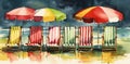 background watercolor vacation holiday relax resort beach rest summer umbrella chair. Generative AI.