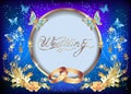 Background with wedding golden rings, round frame and fantasy butterflies