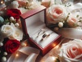 Background with wedding rings and roses. AI