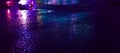 Background of wet asphalt with neon light. Blurred background, night lights of a big city, reflection, puddles. Royalty Free Stock Photo