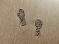 Footprints of human on wet sand. Beach sand seamless background.