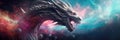 Background with whimsical dragons soaring through colorful nebulas, creating a fantastical cosmic scene.