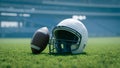 the background of a white football helmet on the lawn of the stadium, 3d rendering Royalty Free Stock Photo