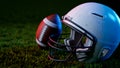 the background of a white football helmet on the lawn of the stadium, 3d rendering Royalty Free Stock Photo