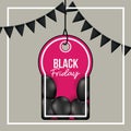 Background with white frame and gray background with black festoons with pendant tag of black friday offer with black