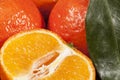 Background of whole and half fruits of mandarin orange with green leaf