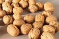 background with whole walnuts scattered on the table