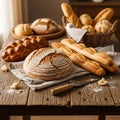 Background a wicker basket holds additional loaves accented with a Royalty Free Stock Photo