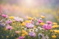 Background with wild flowers, pastel color, fog and space for text