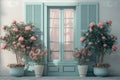 Background. Window with shutters and flowers in pots. AI generative