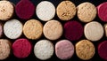 Background of wine corks. A set of red and white wine corks. Top view. Royalty Free Stock Photo