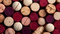 Background of wine corks. A set of red and white wine corks. Top view. Royalty Free Stock Photo