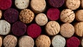 Background of wine corks. A set of red and white wine corks. Top view. Royalty Free Stock Photo
