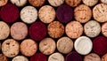 Background of wine corks. A set of red and white wine corks. Top view. Royalty Free Stock Photo