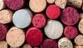 Background of wine corks. A set of red and white wine corks. Top view. Royalty Free Stock Photo