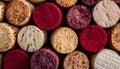 Background of wine corks. A set of red and white wine corks. Top view. Royalty Free Stock Photo