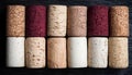 Background of wine corks. A set of red and white wine corks. Top view. Royalty Free Stock Photo