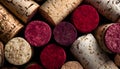 Background of wine corks. A set of red and white wine corks. Top view. Royalty Free Stock Photo