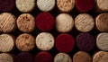 Background of wine corks. A set of red and white wine corks. Top view. Royalty Free Stock Photo