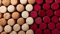 Background of wine corks. A set of red and white wine corks. Top view. Royalty Free Stock Photo