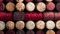 Background of wine corks. A set of red and white wine corks. Top view. Royalty Free Stock Photo