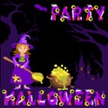 Background with witch magic pot spoon and castle, bat, an evil pumpkin the text Halloween vector concept plase for your inscripti