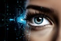 System woman vision background science sensor futuristic eye technology concept screen human digital tech protection