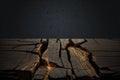 Split timber, cracked stone, rustic black wood table, table for presentations, Generative AI