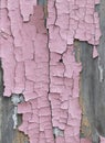 Background wooden board with cracked peeling pink paint, texture