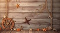 Background of wooden planks. Wooden structure. Wooden background with suspended lifebuoy, shell, fishing net, starfish Royalty Free Stock Photo