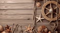 Background of wooden planks. Wooden structure. Wooden background with suspended lifebuoy, shell, fishing net, starfish Royalty Free Stock Photo