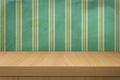 Background with wooden table and old wallpaper stripes