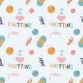 Background with wool, lettering on knitting theme. Seamless pattern, backdrop, background. For wrapping paper, scrapbooking and Royalty Free Stock Photo