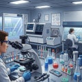 The background, works at a biosafety cabinet, engaged in precision Royalty Free Stock Photo