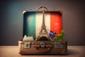 background world map France flag suitcase andvintage tower Eiffel concept France tourism Travel Paris Trip Royalty Free Stock Photo