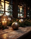 Christmas decorative winter lantern wooden background seasonal holiday lights advent snow xmas candle Royalty Free Stock Photo