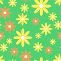 Background with yellow and orange simple camomiles on the green background. Royalty Free Stock Photo