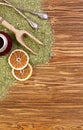 Background - yerba mate, calabash and bombilla on a wooden table