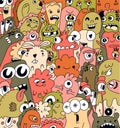 Background for your design with different cartoon monsters, colorful pattern with cute funny characters. Smiling Royalty Free Stock Photo