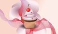 Background yummy cupcake with cherry. Vector illustration