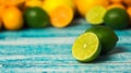 Backgrounds. Close up shot of fresh limes. Focus on the central part of sliced lime Royalty Free Stock Photo
