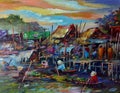 Original art painting Oil color Floating market Thailand countryside Royalty Free Stock Photo