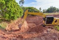 Backhoe bucket digging the soil at agriculture farm to make pond. Crawler excavator digging at shale layer. Excavating machine.